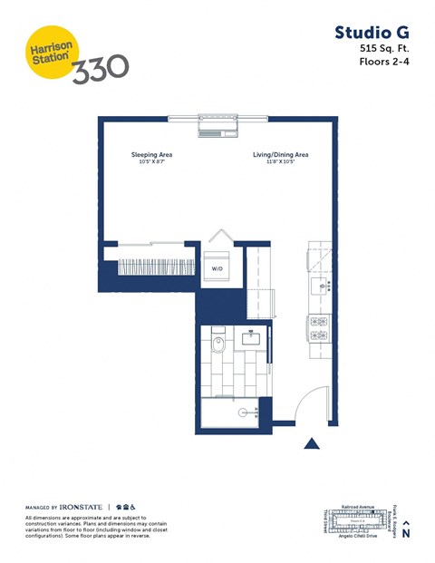 Floor plan for studio, 1 bath, 515 sqft